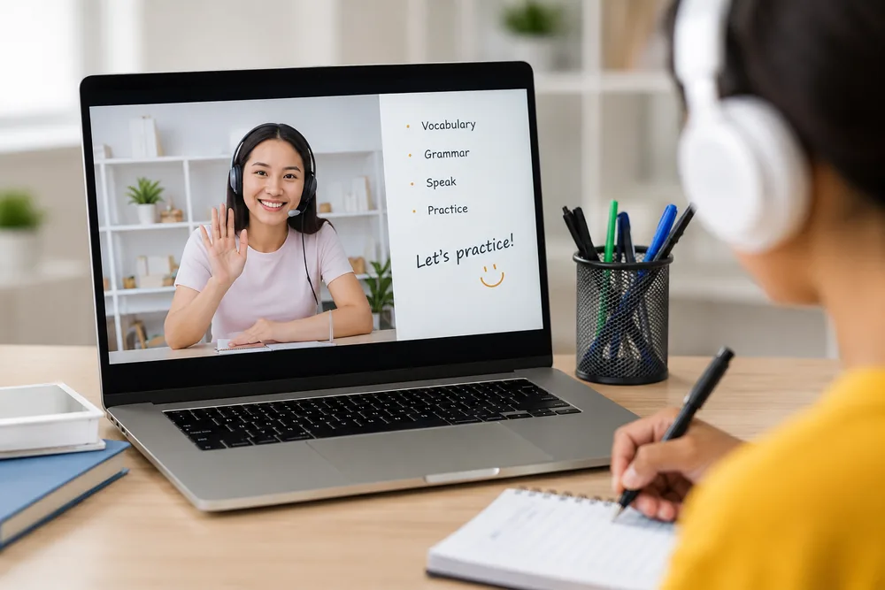 Öğretmeniyle canlı online İngilizce dersinde olan öğrenci